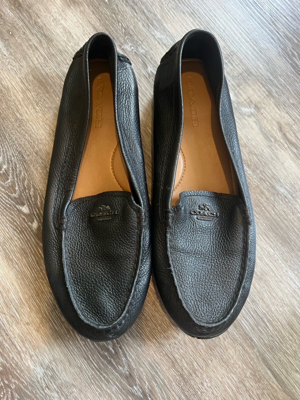 Coach Marley Driver Loafers Womens 10B Black Pebbled Leather Silver Logo Flats